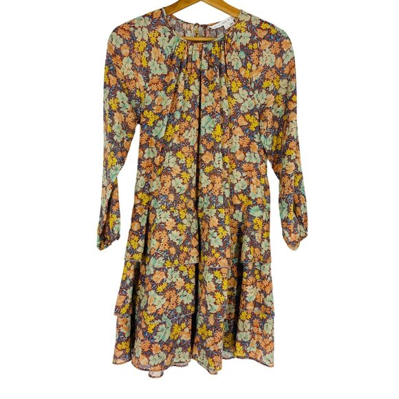 Veronica Beard Abanu Multicolored Floral Tiered 3/4 Sleeve Keyhole Mini Dress 2 - Picture 2 of 11